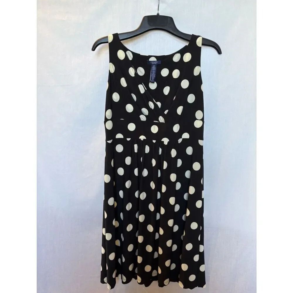 Chaps Women's Black Polka Dot Sleeveless Dress V neck Size Large